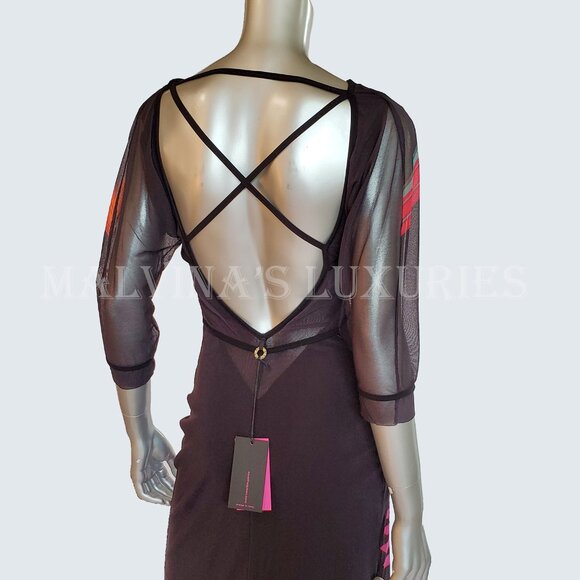 AVE THE QUEEN DRESS MAXI LONG SIGNATURE PRINTED TULLE OPEN BACK sz S SMALL - Picture 6 of 10